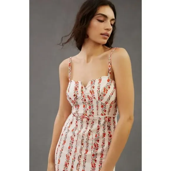 Anthropologie Slim Scalloped Corset Dress Floral Striped Belted Button Slit Midi - Picture 2 of 14